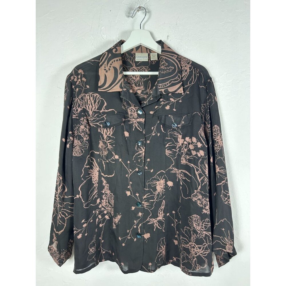 Chico's Womens Black Floral Button-Up 100% Silk Shirt Blouse Top Size 3 Casual